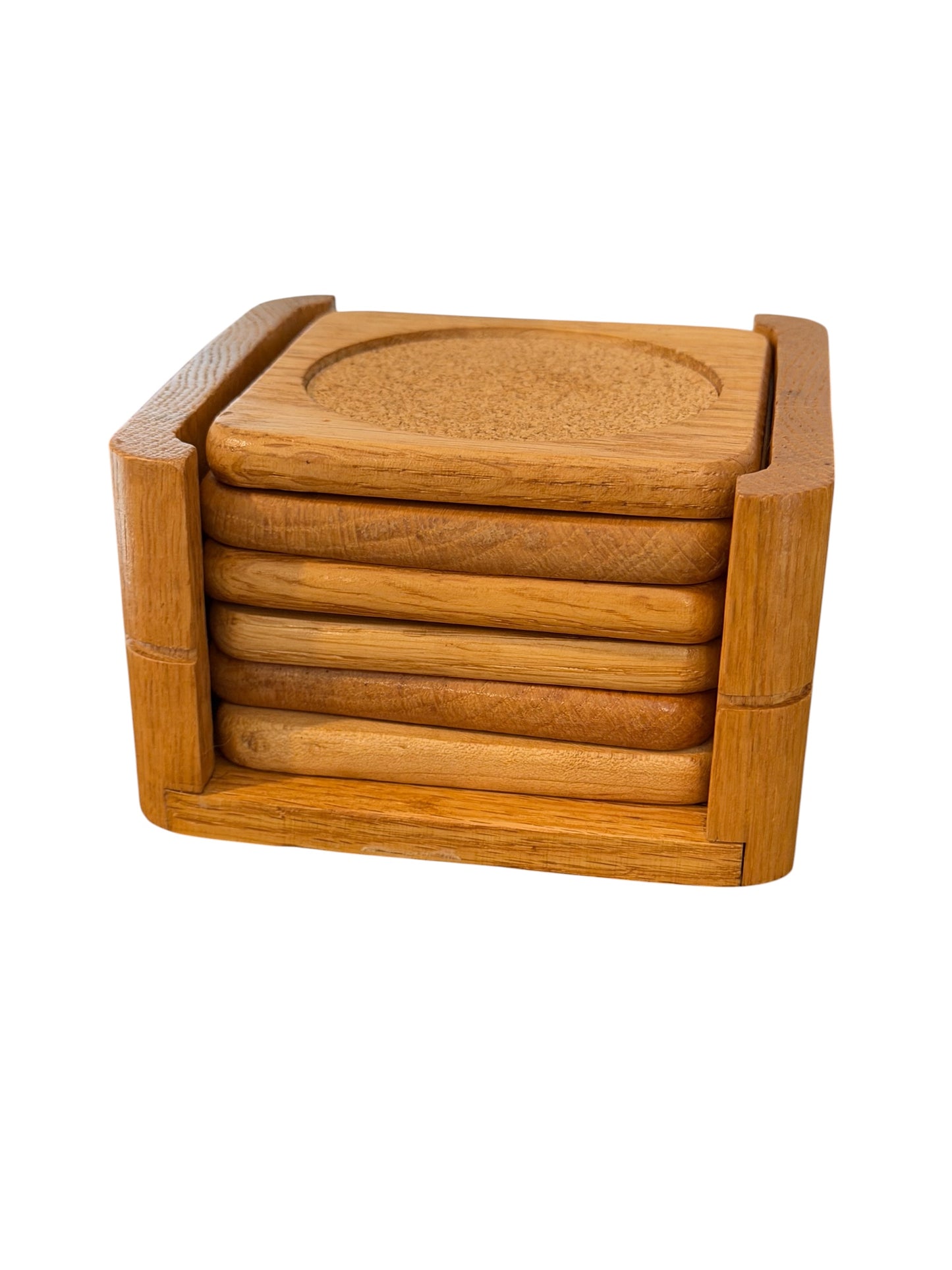 Mid-Century Teak & Cork Coaster Set with Holder | MCM Barware | Vintage