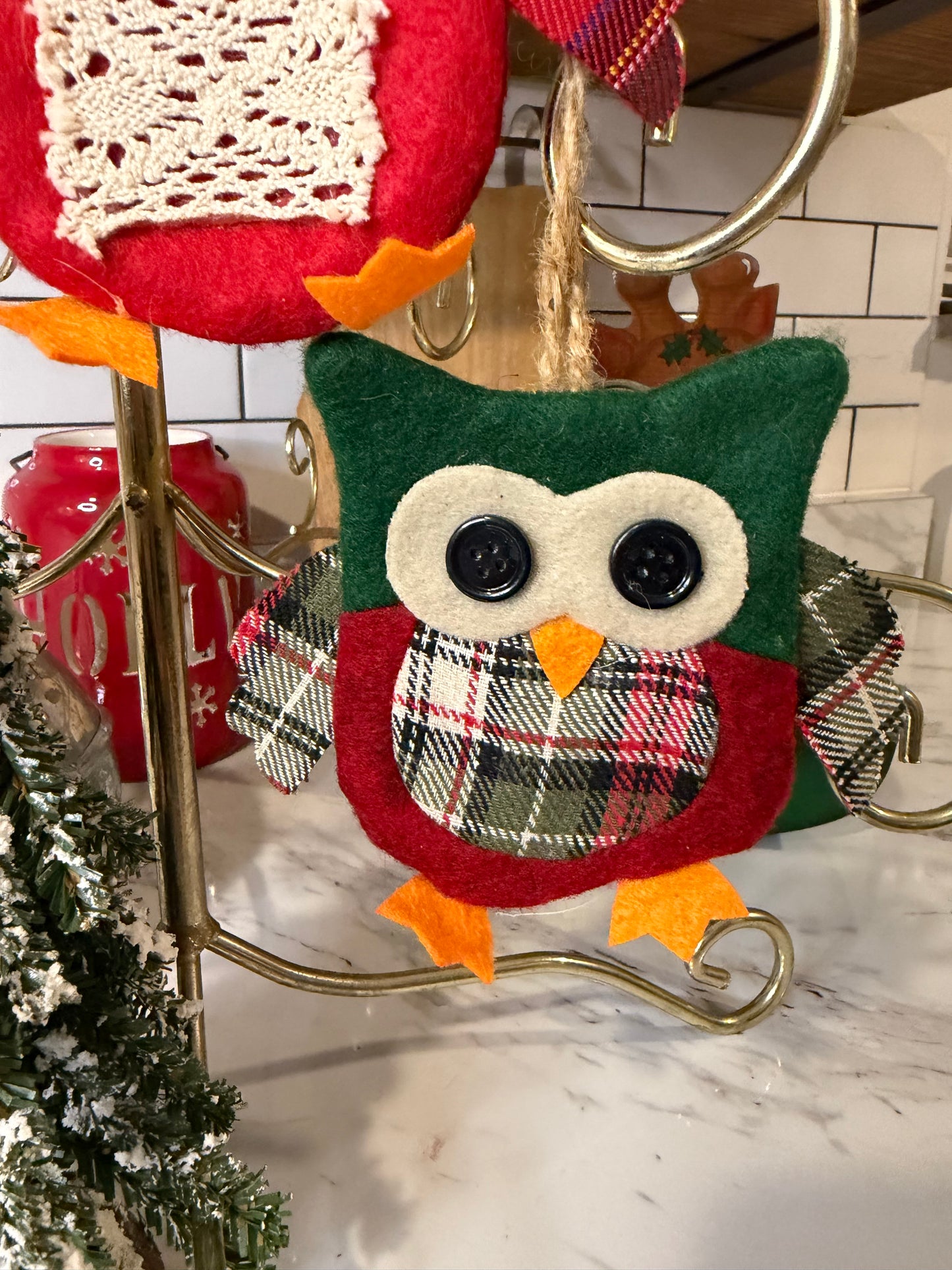 Vintage Handmade Fabric Owl Ornament Set