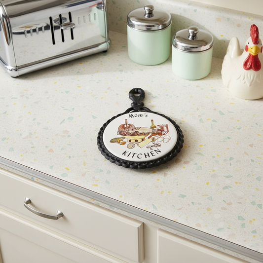 Vintage “Mom’s Kitchen” Cast Iron Trivet Wall Decor | Ceramic Tile Kitchen Tools Hot Plate | 1970s Taiwan