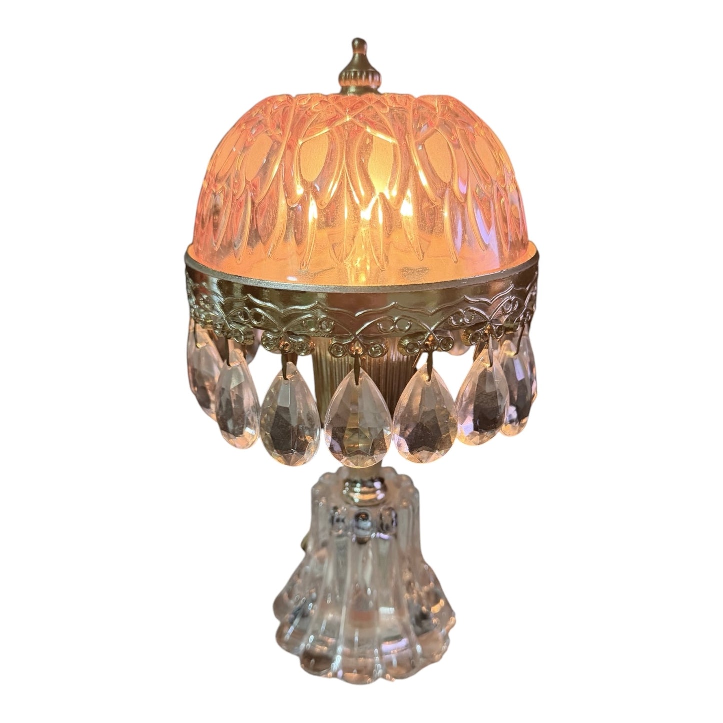 Michelotti Boudoir Vintage Lamp | Cranberry Pink Glass, Crystal Prisms, Mid-Century Holland Accent Lamp