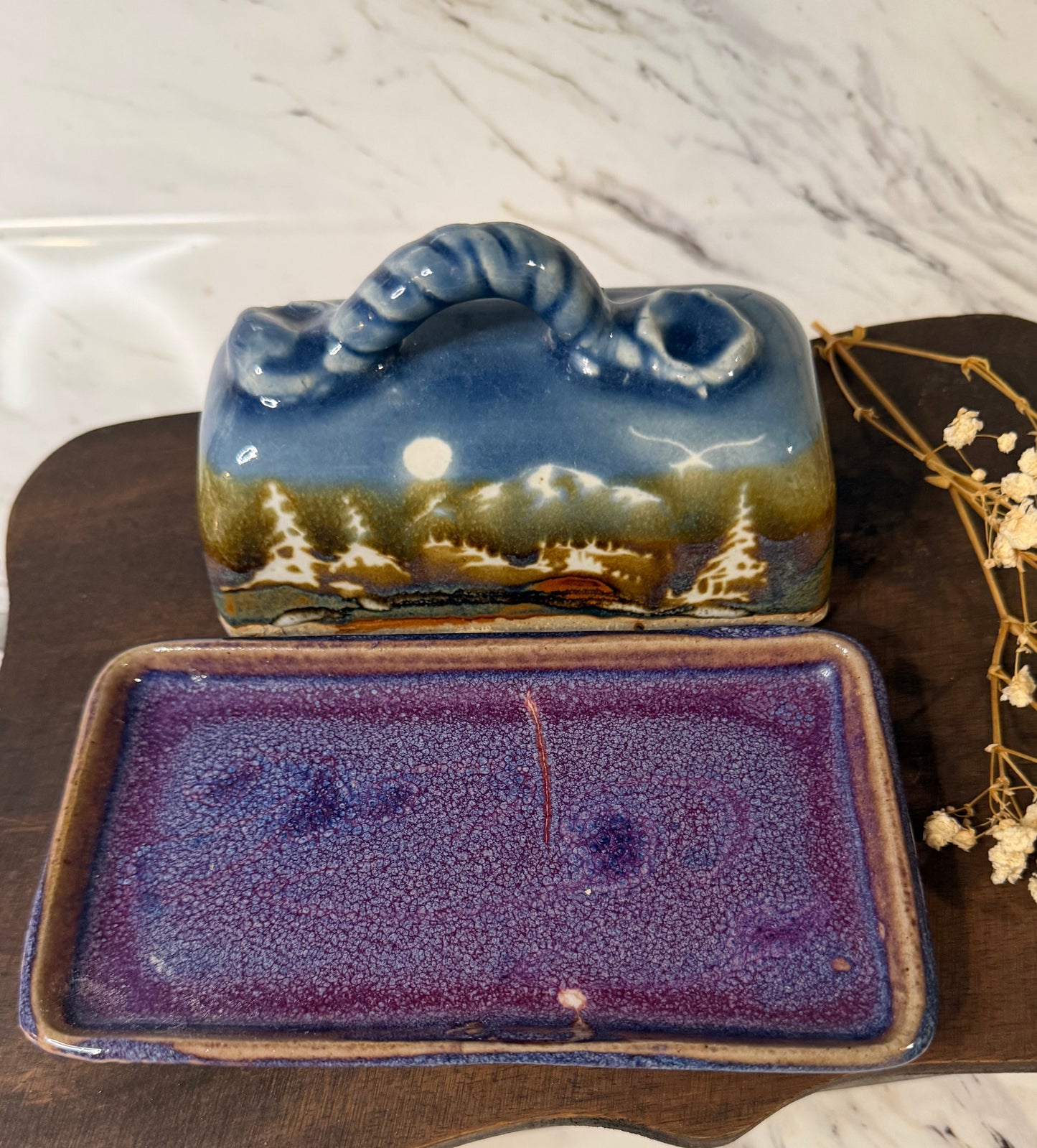 Handmade Ceramic Covered Butter Dish – Mountain/Taos Style Scenic Glaze