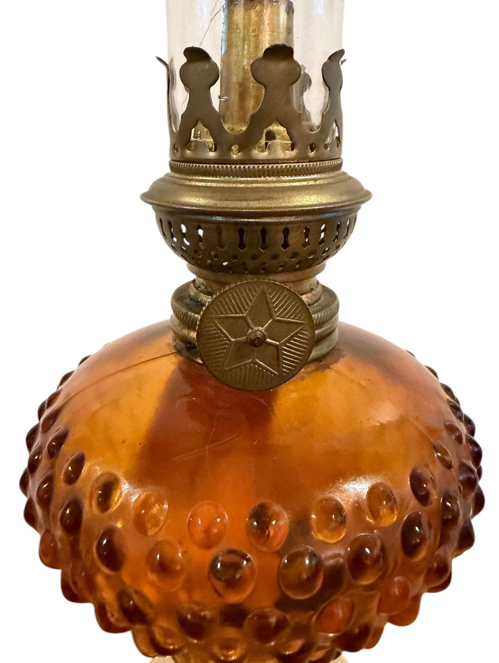 Amber Hobnail Vintage Kerosene/Oil Lamp with Star Burner & Glass Chimney