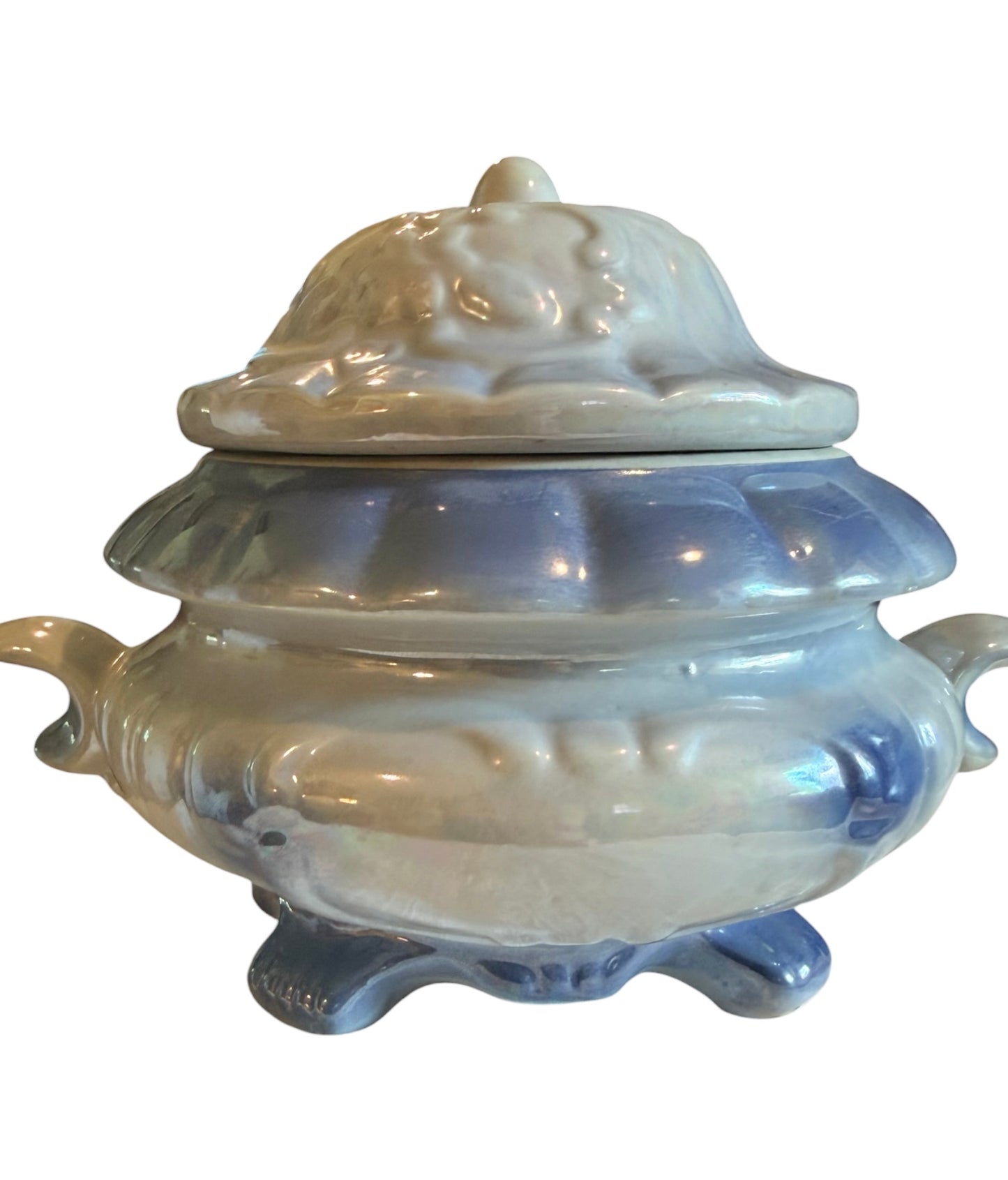 Blue Iridescent Lusterware Vintage Covered Serving Bowl | Pink Rose Floral Tureen