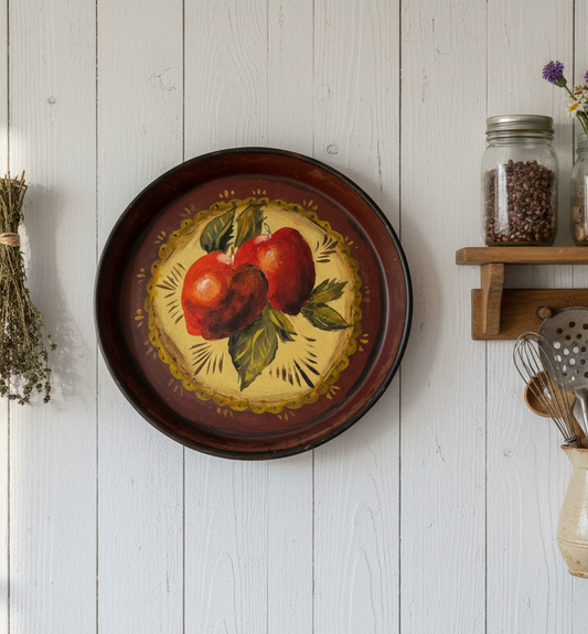 Vintage Hand-Painted Toleware Tray – Folk Art Apple Design, 1974