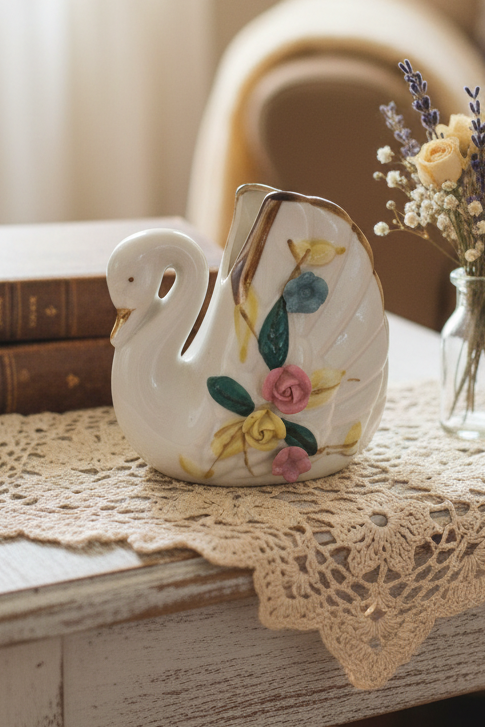 Mid-Century Ceramic Swan Planter with Hand-Painted Floral Accents & Gold Trim