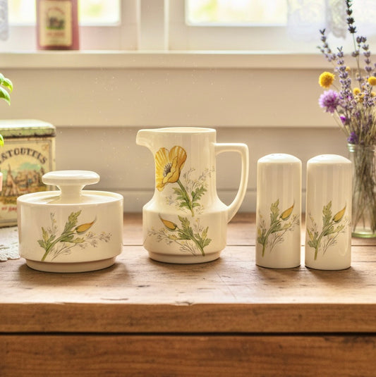 Noritake Craftone Buttercup Vintage(8769) Sugar Bowl, Creamer & Salt + Pepper Shaker Set | Made in Japan | 1970s