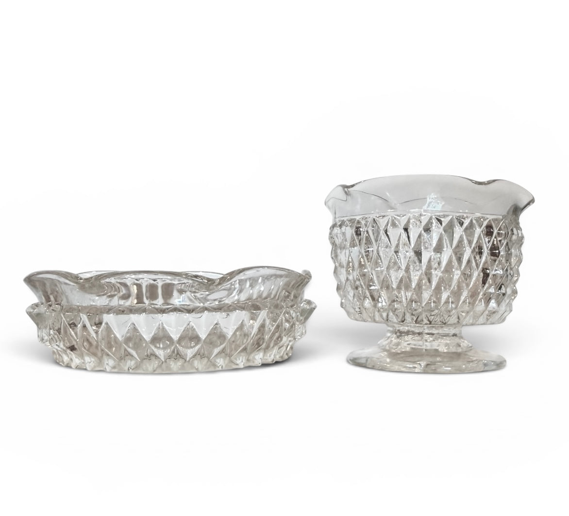 Indiana Glass “Diamond Point” Vintage Crystal Mayonnaise Bowl Set – Mid-Century Serving Dish