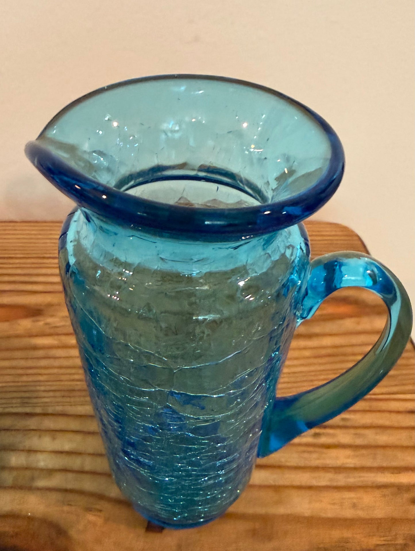 Vintage Kanawha Glass Company Blue Crackle Glass Mini Pitcher Set – Hand Blown (Set of 2)