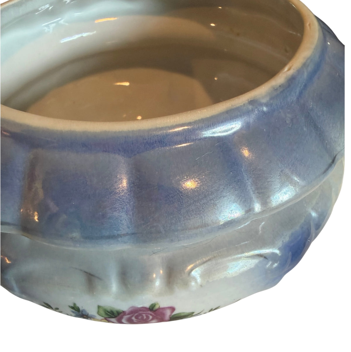 Blue Iridescent Lusterware Vintage Covered Serving Bowl | Pink Rose Floral Tureen