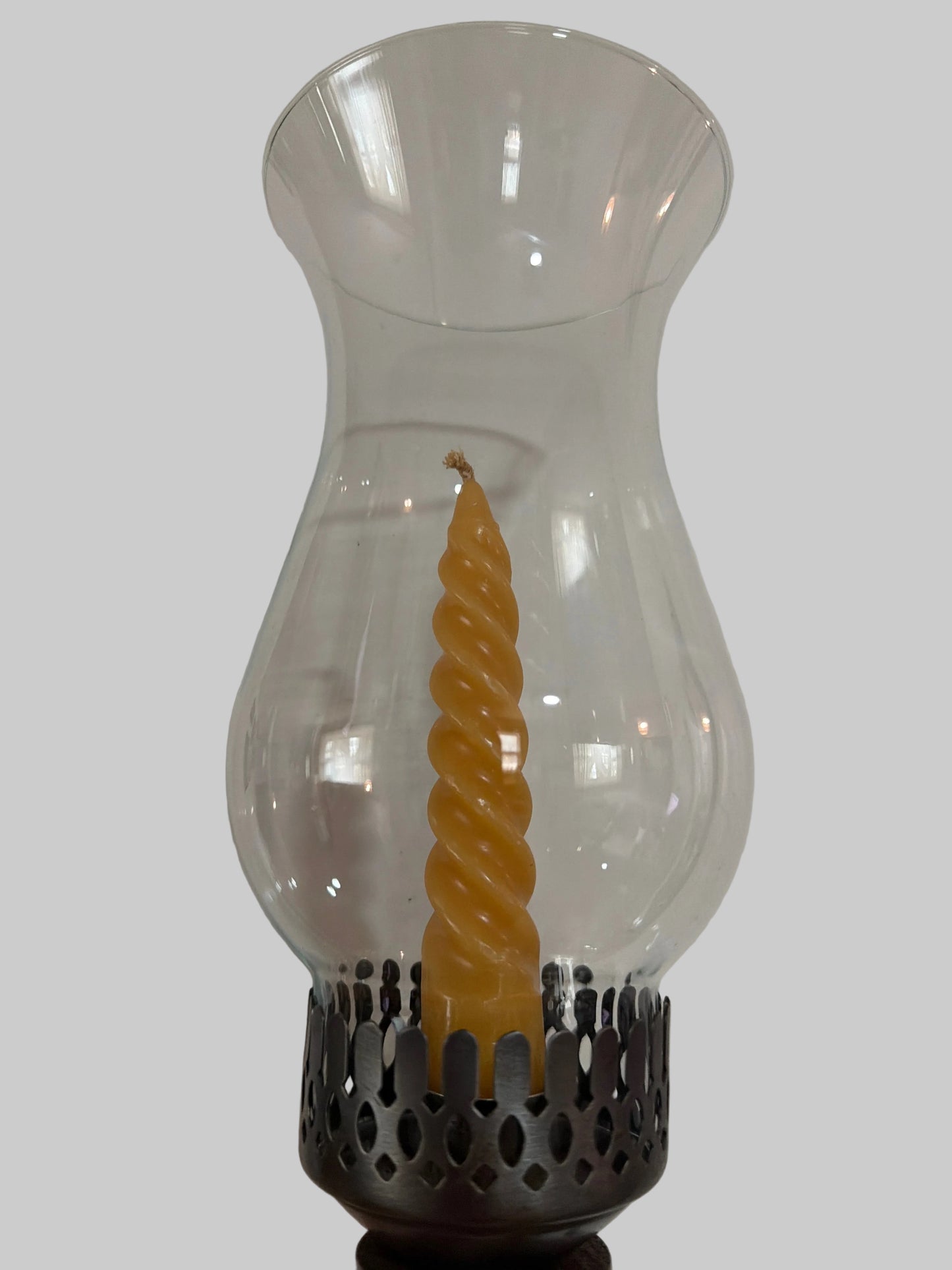 Vintage Mid-Century Wood & Metal Candlestick Holder with Hurricane Shade