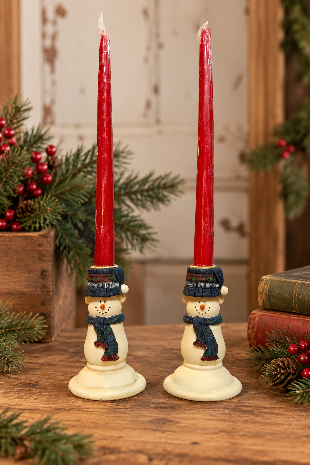 Primitive Vintage Snowman Taper Candle Holders – Set of 2 with Red Candles