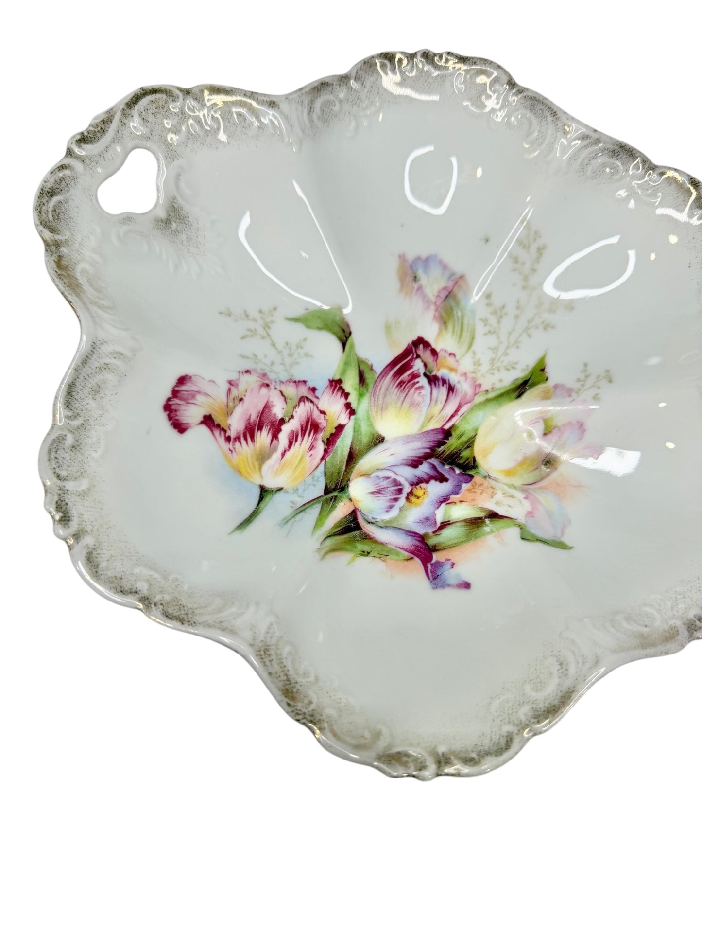 Antique German Porcelain Clover Bowl – Hand-Painted Floral | Late Victorian / Edwardian Era