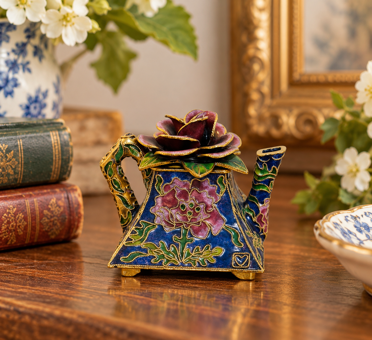 Cloisonné Vintage Enamel Teapot Trinket Box – Sculpted Rose Lid & Gold Accents