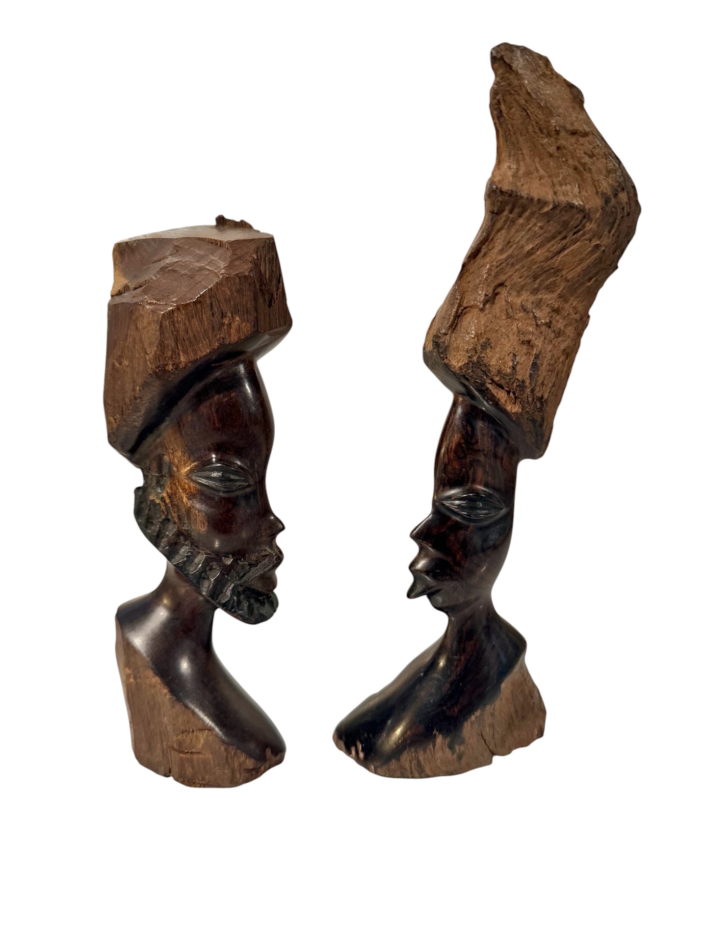 Hand-Carved Vintage African Tribal Bust Sculptures – Matching Male & Female Pair – Mid-Century Folk Art