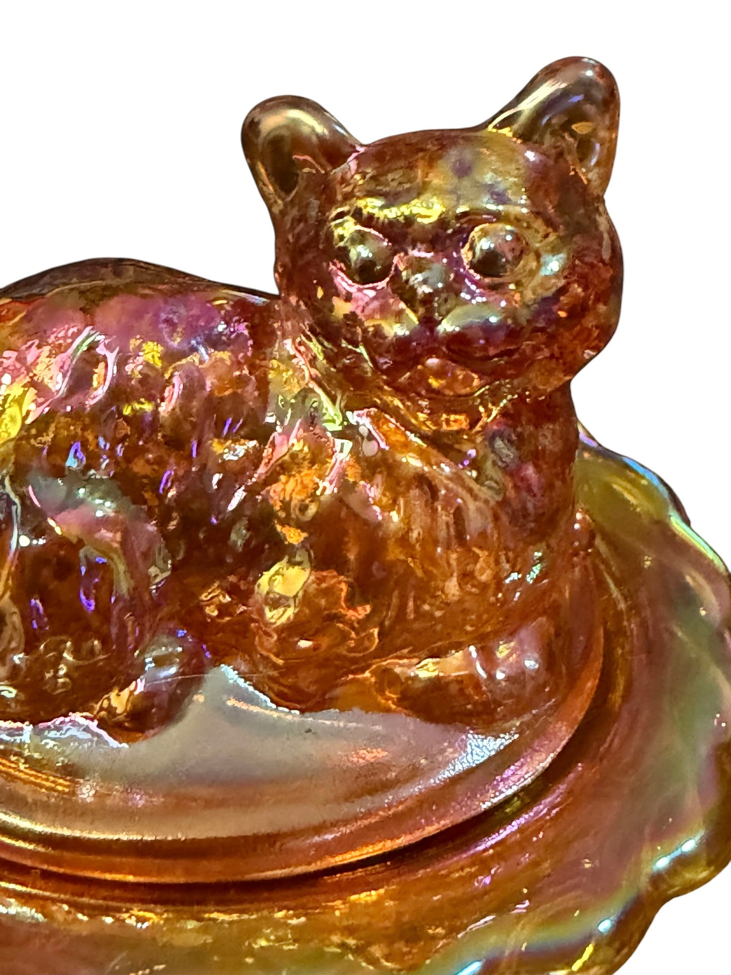 Mosser Glass Marigold Carnival Glass Mini Cat on Basket Covered Salt Cellar | Trinket Box