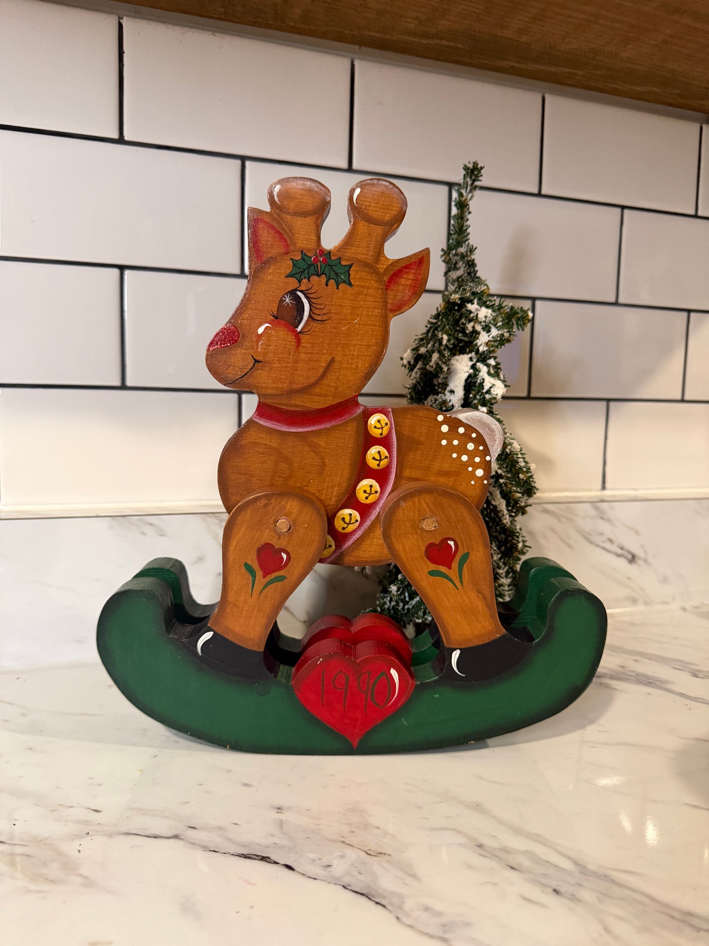 Vintage Hand-Painted Wooden Rudolph Reindeer – 1990 Heart Design, 10”x11”