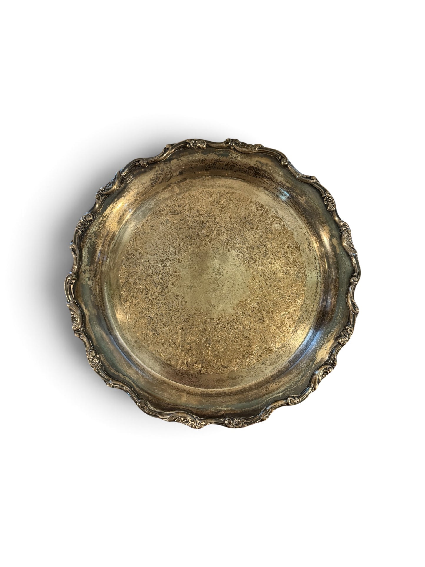 Wm Rogers Silverplate Vintage Heavy Serving Tray – 13” Round Etched Floral Scalloped Platter