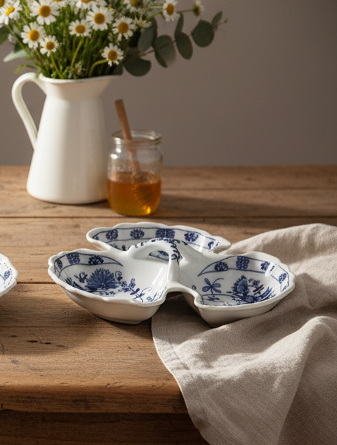 Vintage Vienna Woods Blue Onion Three-Part Relish Dish by Seymour Mann