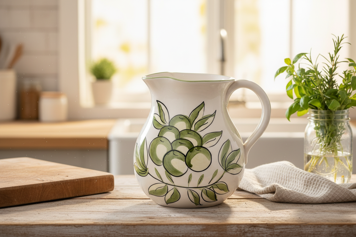 Italian Hand-Painted Vintage Grape Pitcher by Arturo | White Stoneware Fruit Motif