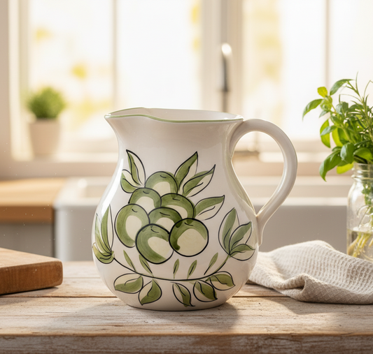 Italian Hand-Painted Vintage Grape Pitcher by Arturo | White Stoneware Fruit Motif