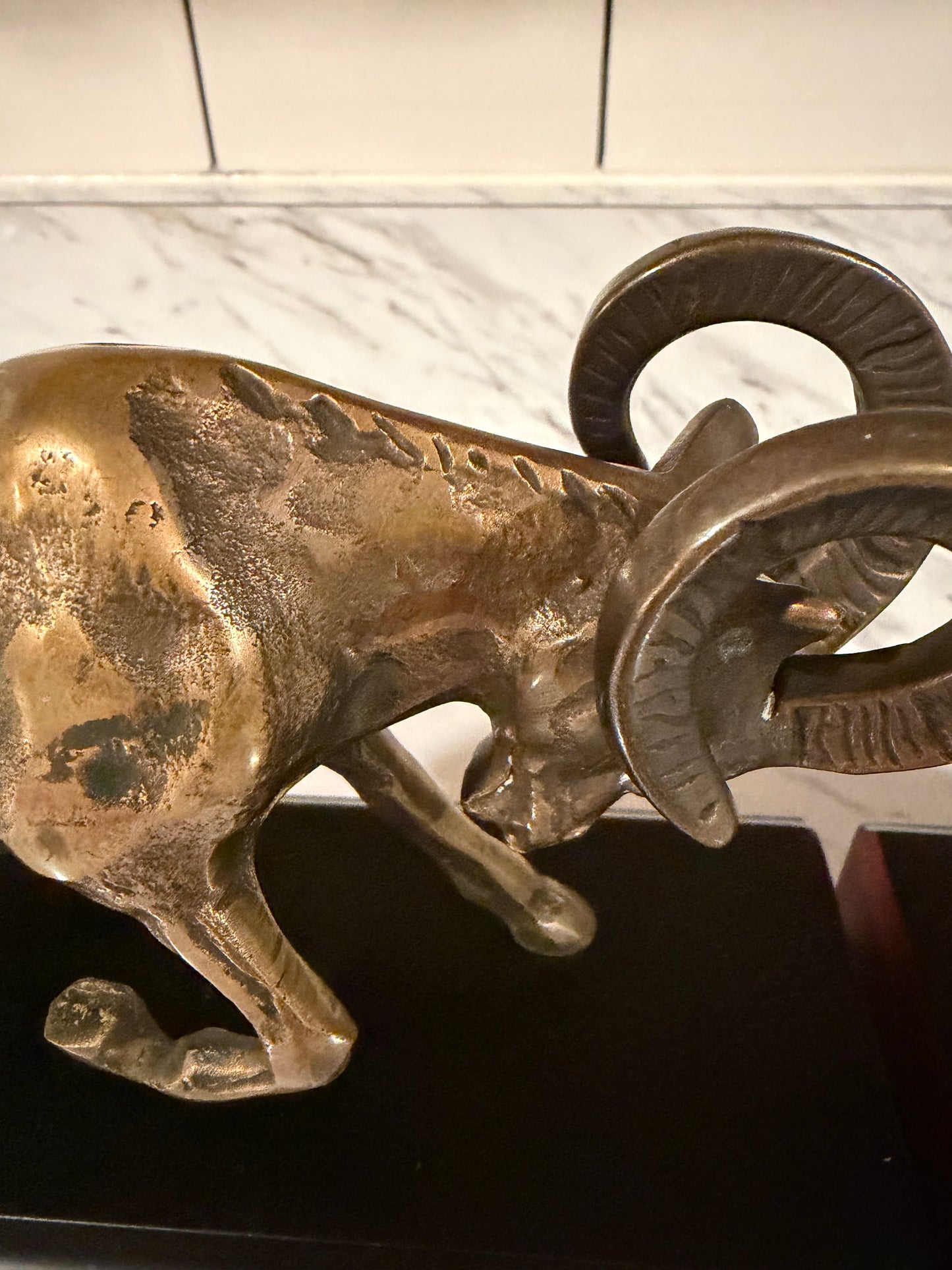 Pair of Vintage Brass Ram Bookends — Wood Base —
Mid Century