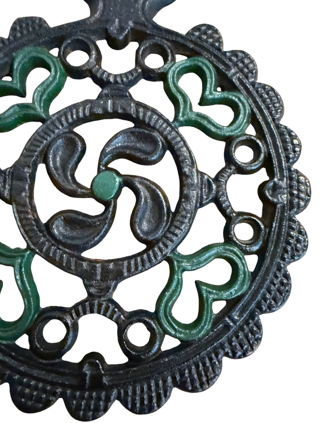 1952 J.Z.H. Cast Iron Trivet – Black with Green Hearts Folk Art