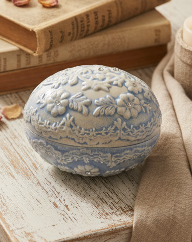 70’s Vintage Blue Ceramic Egg Trinket Dish | Cottagecore Floral Decor | 7”