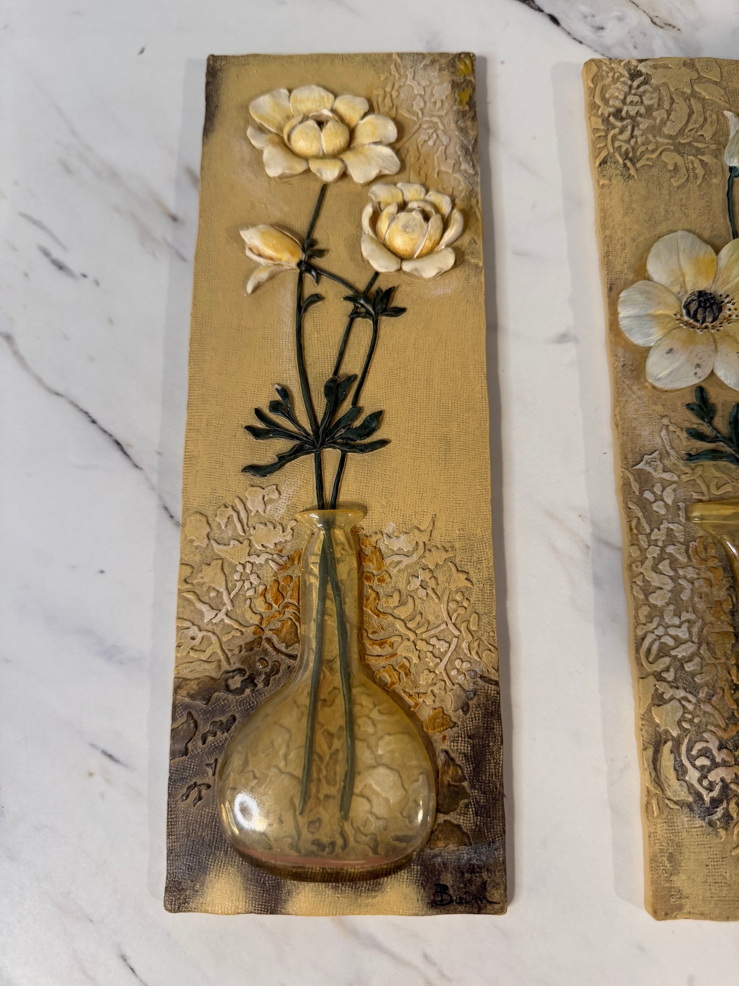 Set of Two Vintage Boem Signed 3D Floral Wall Art Plaques