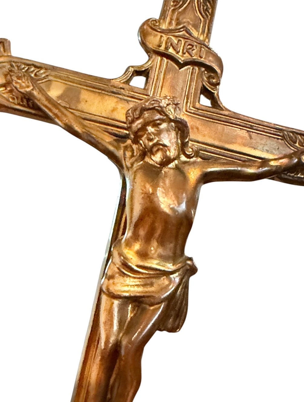 Baroque Revival Vintage Standing Altar Crucifix – Ornate Solid Brass (Non-magnetic) Tabletop Cross 9.5”