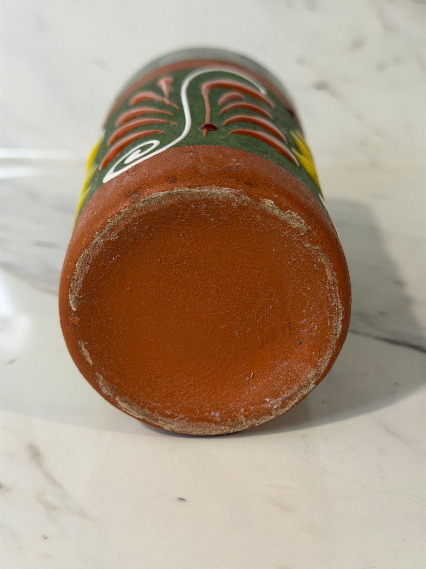Hand-Painted Mexican Folk Art Pottery Vase – Red Clay, Raised Floral Motif