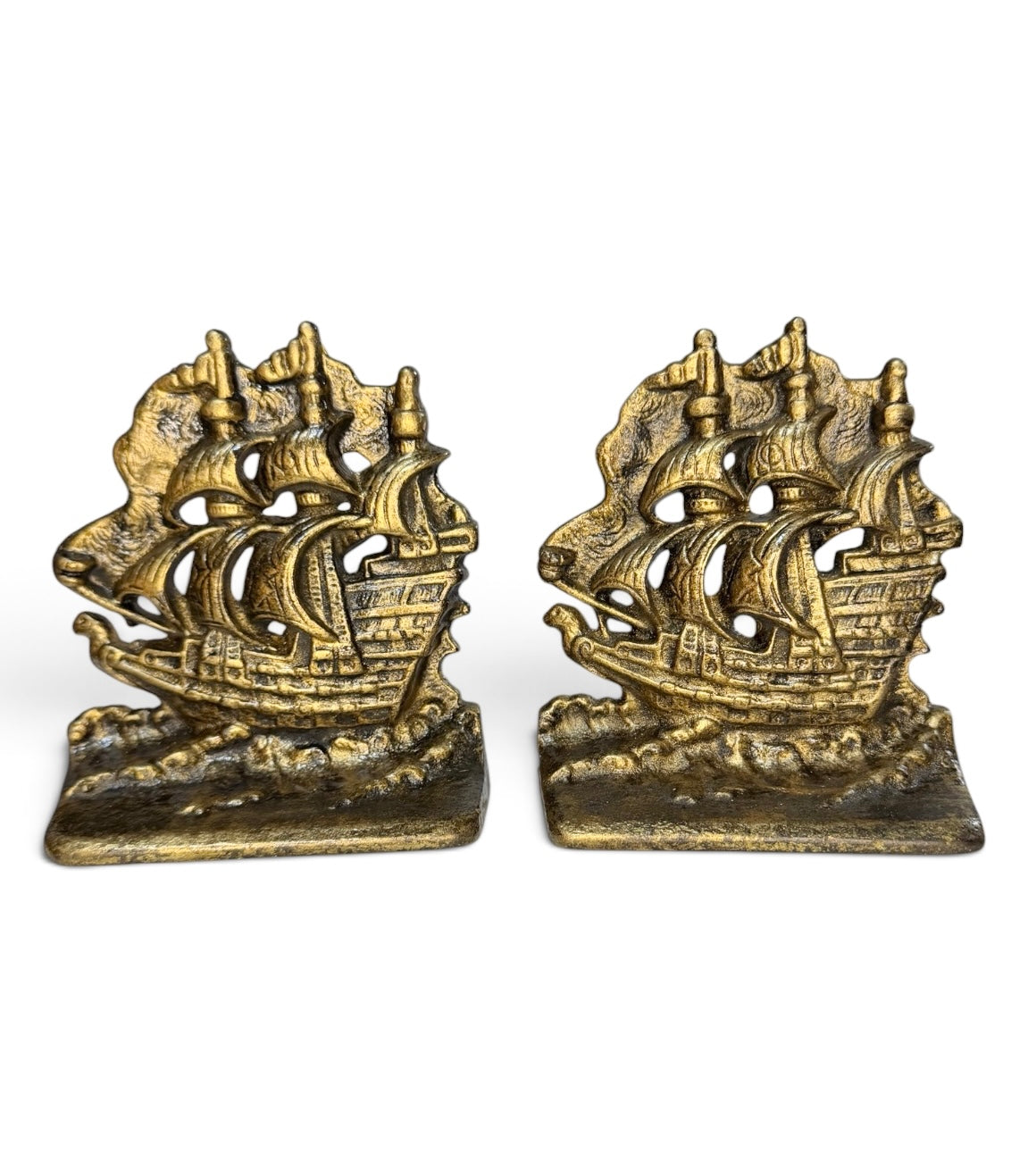 Pair - Vintage Cast Iron Sailing Ship Bookends – Brass Gold Finish – Set of 2