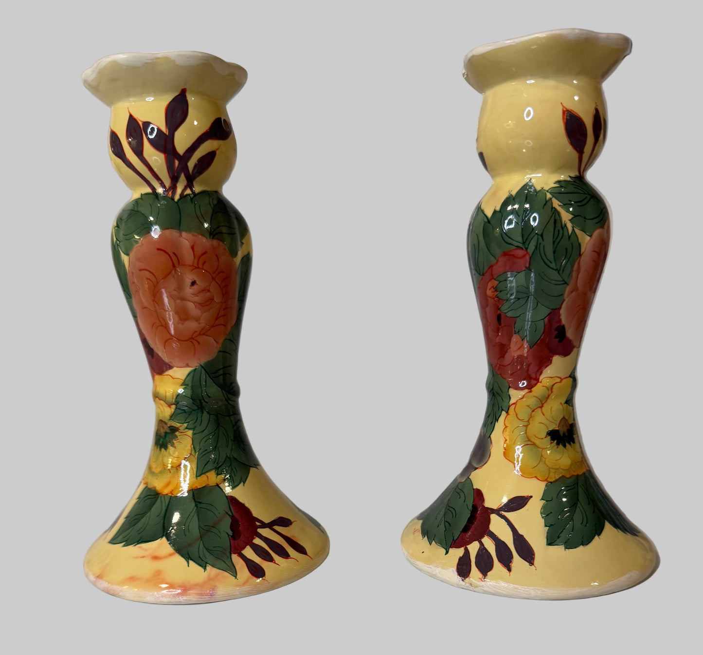 Vintage Hand-Painted Floral Ceramic Candle Holders — Set of 2