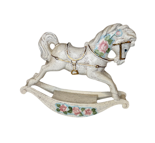 Vintage Ceramic Rocking Horse Figurine | Shabby Chic Nursery Décor | Floral Cottagecore Accent