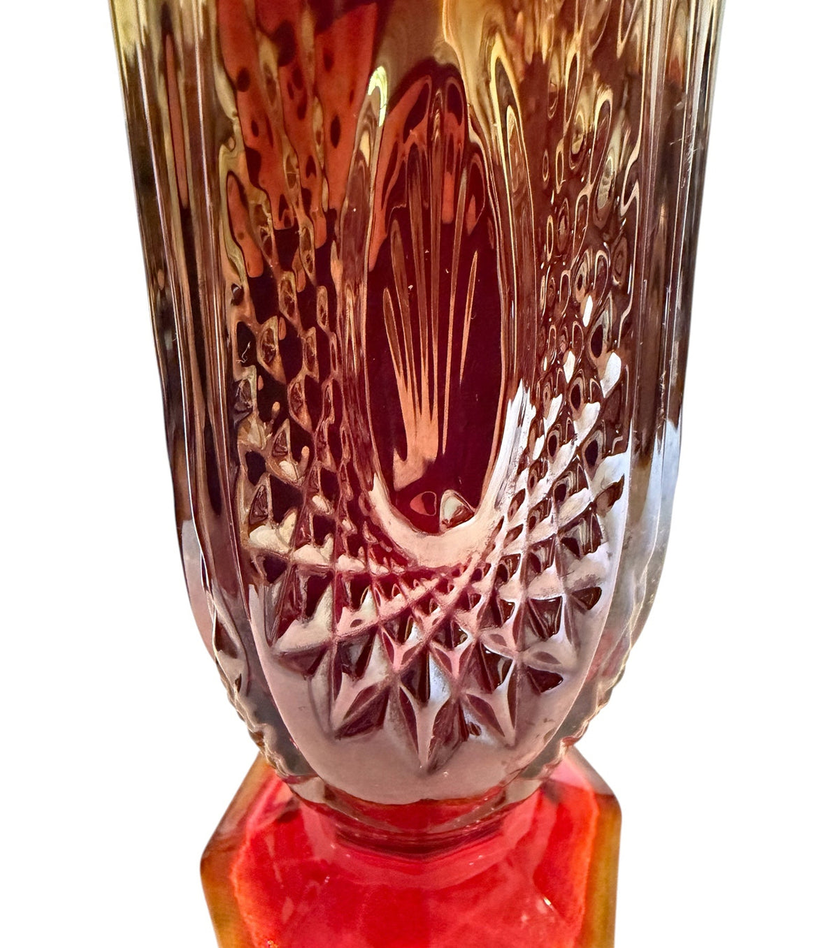 Indiana Glass Vintage Sunburst Amberina Swung Vase – 11” Red & Amber Glass