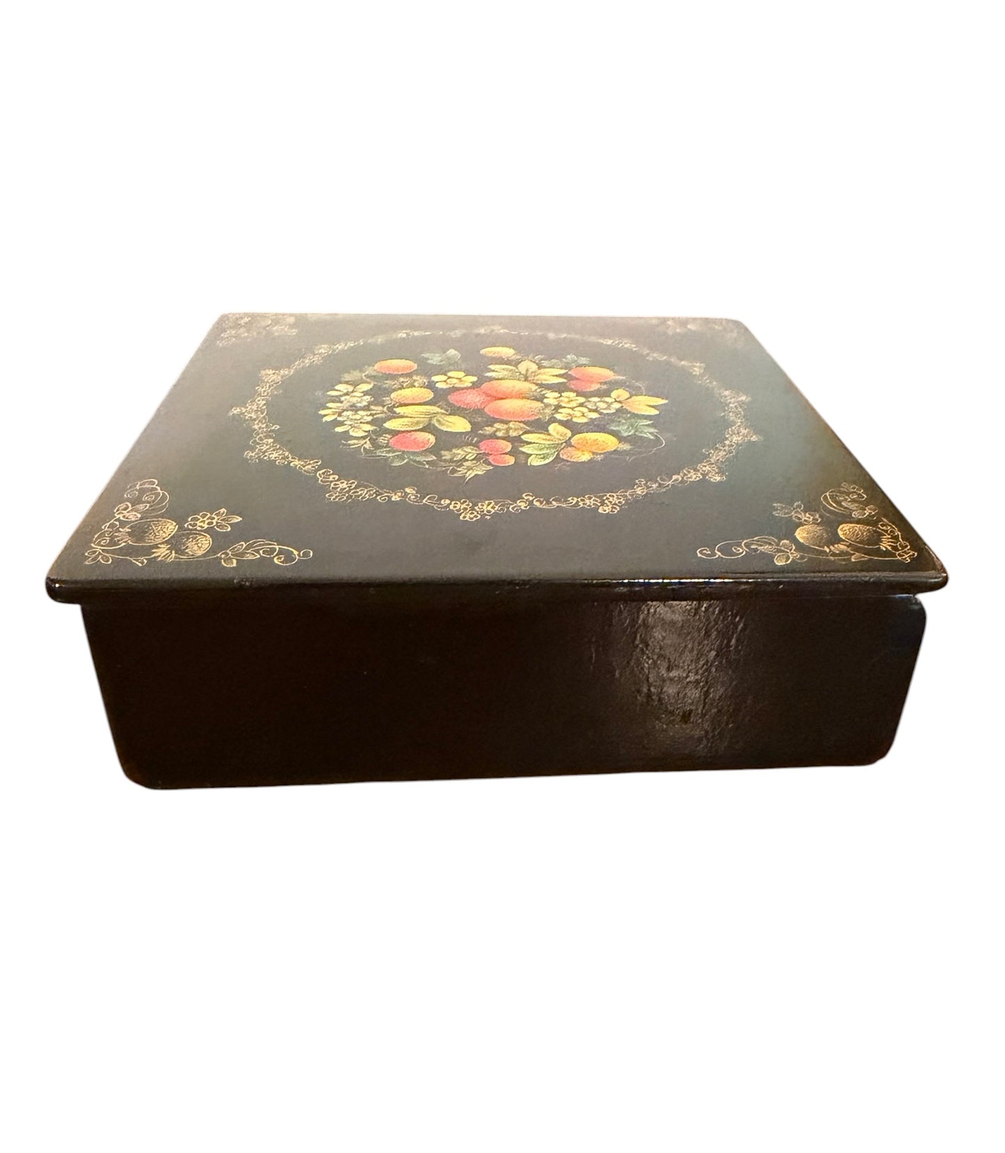 Rare 1950’s Russian Vintage Lacquer Box – Hand-Painted Floral Papier-Mâché Trinket Box