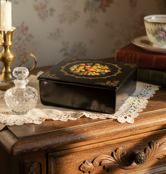 Rare 1950’s Russian Vintage Lacquer Box – Hand-Painted Floral Papier-Mâché Trinket Box