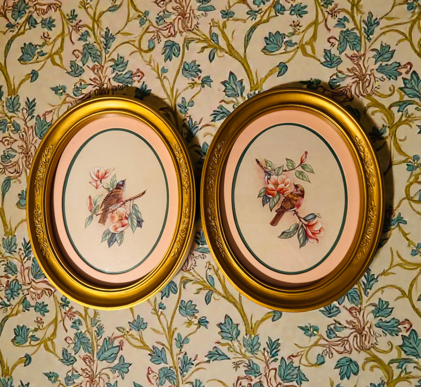 Vintage Homco Home Interiors Bird Prints in Oval Gold-Tone Frames (Set of 2) | Circa 1983
