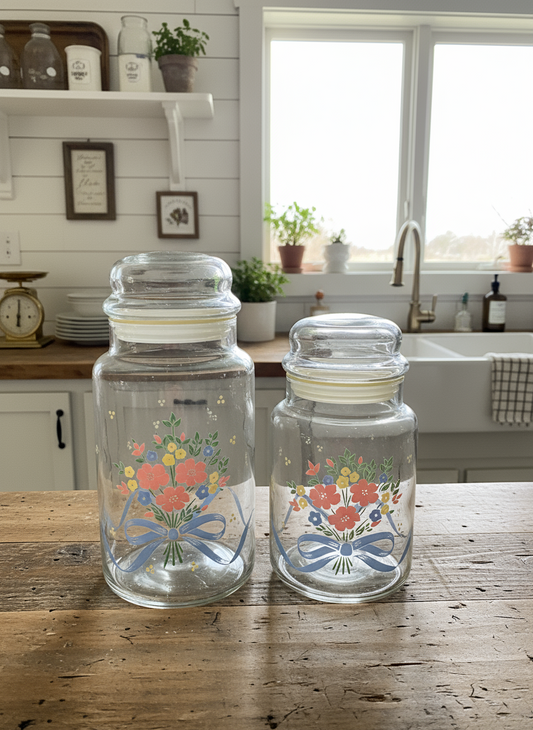 Vintage Libbey Floral Glass Canisters — Cottagecore Pink, Yellow & Blue Bows — 80s/90s Kitchen Decor