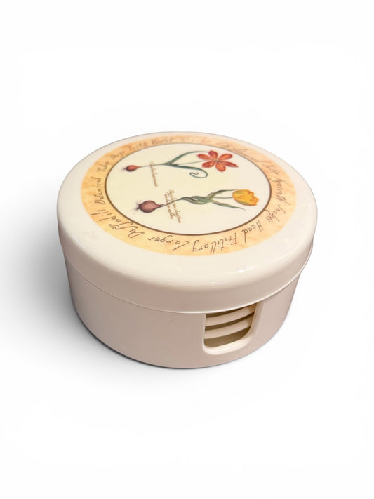 Cloverleaf Botanical “Tulip Bulbs” Vintage Melamine Coaster Set (5) With Case – Made in England