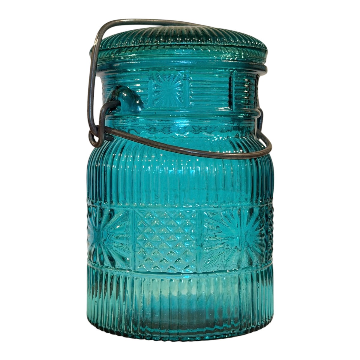 Avon Teal Glass Mason Jar Canister – Vintage 1970s Bail Lid Jar