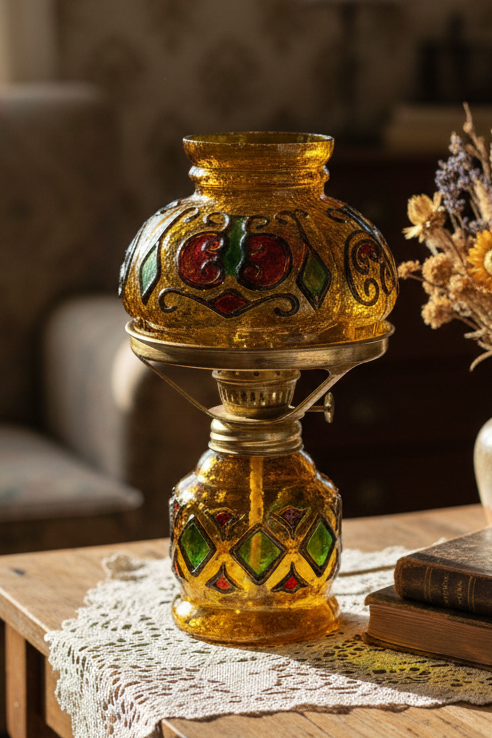 Miniature Amber Glass Oil Lamp | Faux Stained Glass | Hong Kong | 1960s–1970s