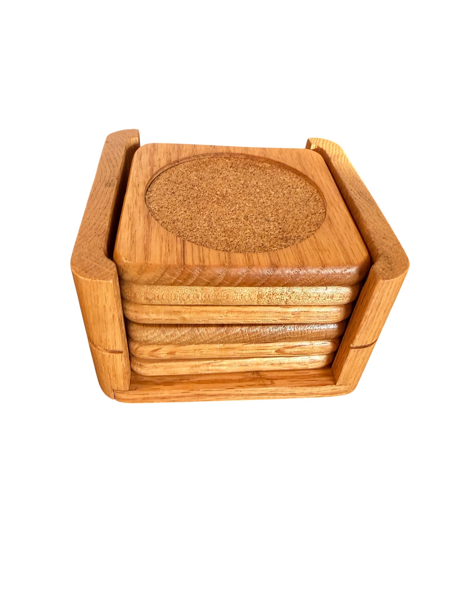 Mid-Century Teak & Cork Coaster Set with Holder | MCM Barware | Vintage