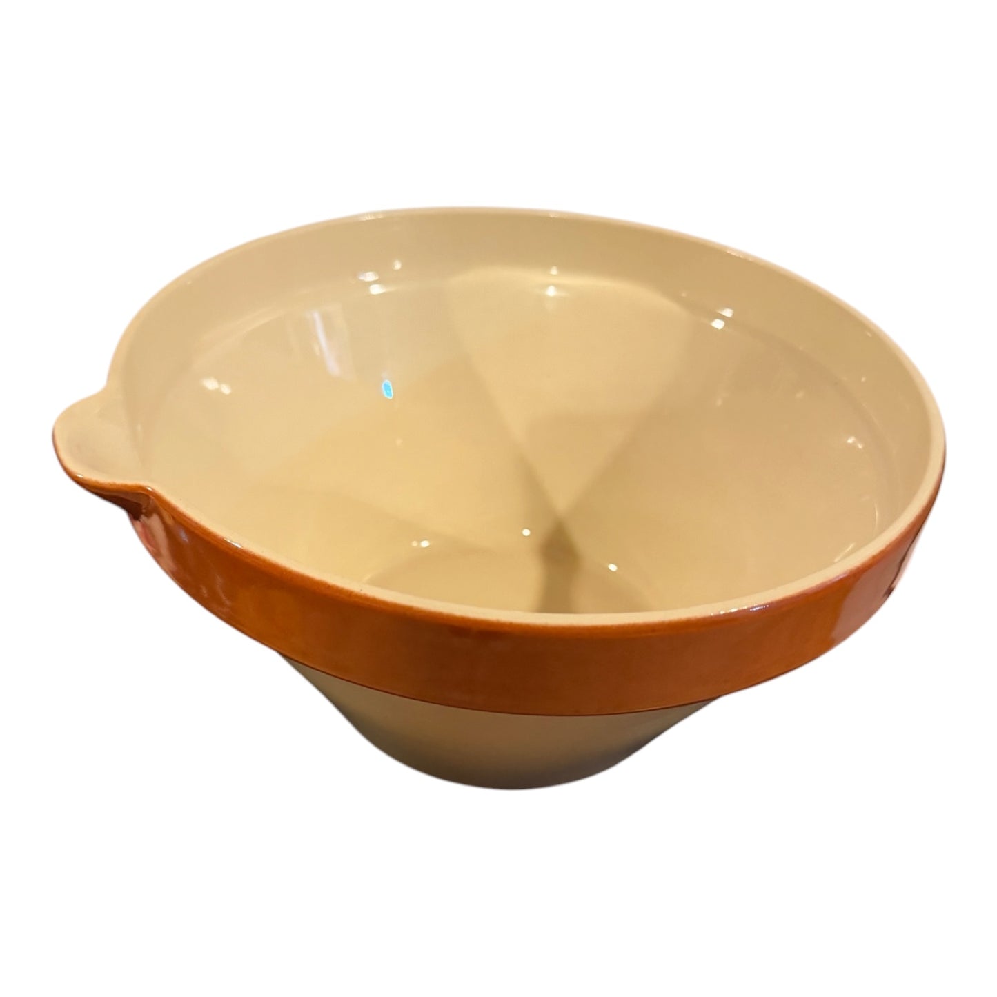 French Farmhouse Terracotta Tian Vintage Mixing Bowl | Rustic Stoneware Batter Bowl with Pour Spout