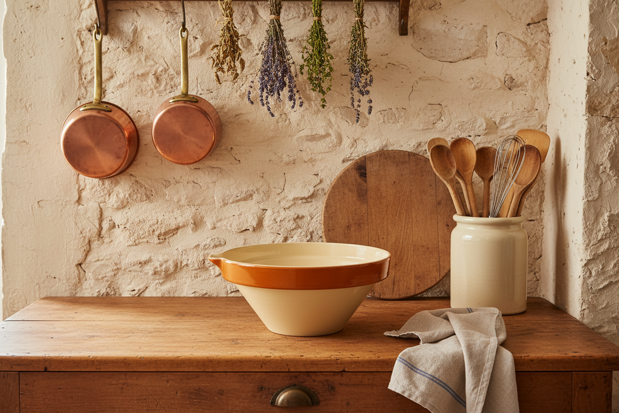 French Farmhouse Terracotta Tian Vintage Mixing Bowl | Rustic Stoneware Batter Bowl with Pour Spout