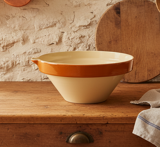 French Farmhouse Terracotta Tian Vintage Mixing Bowl | Rustic Stoneware Batter Bowl with Pour Spout