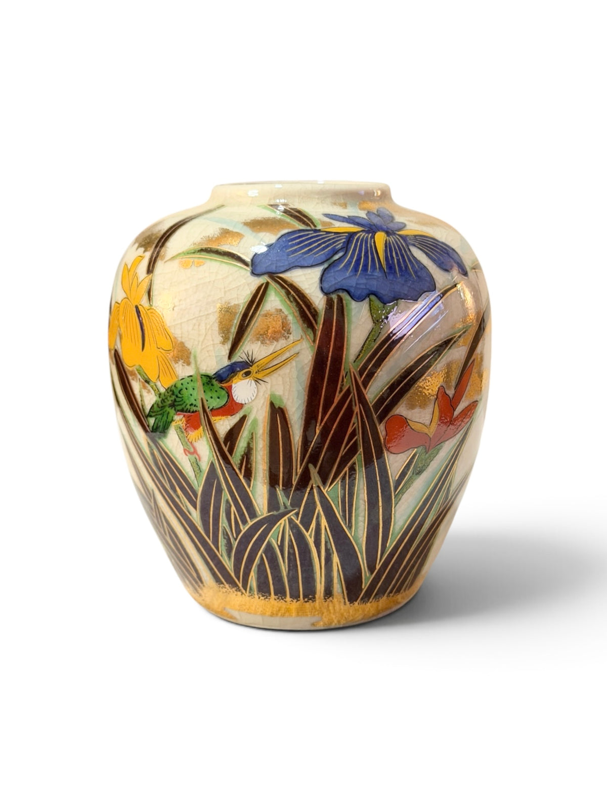Toyo Japanese Vintage Porcelain Kingfisher & Iris Vase – Crackle Glaze with Gold Accents - 4.5”