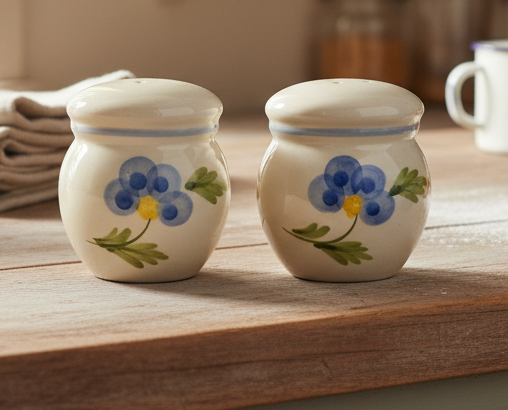 Vintage Ceramic Salt & Pepper Shakers | Blueberry Floral Design | Cream Puffball Style
