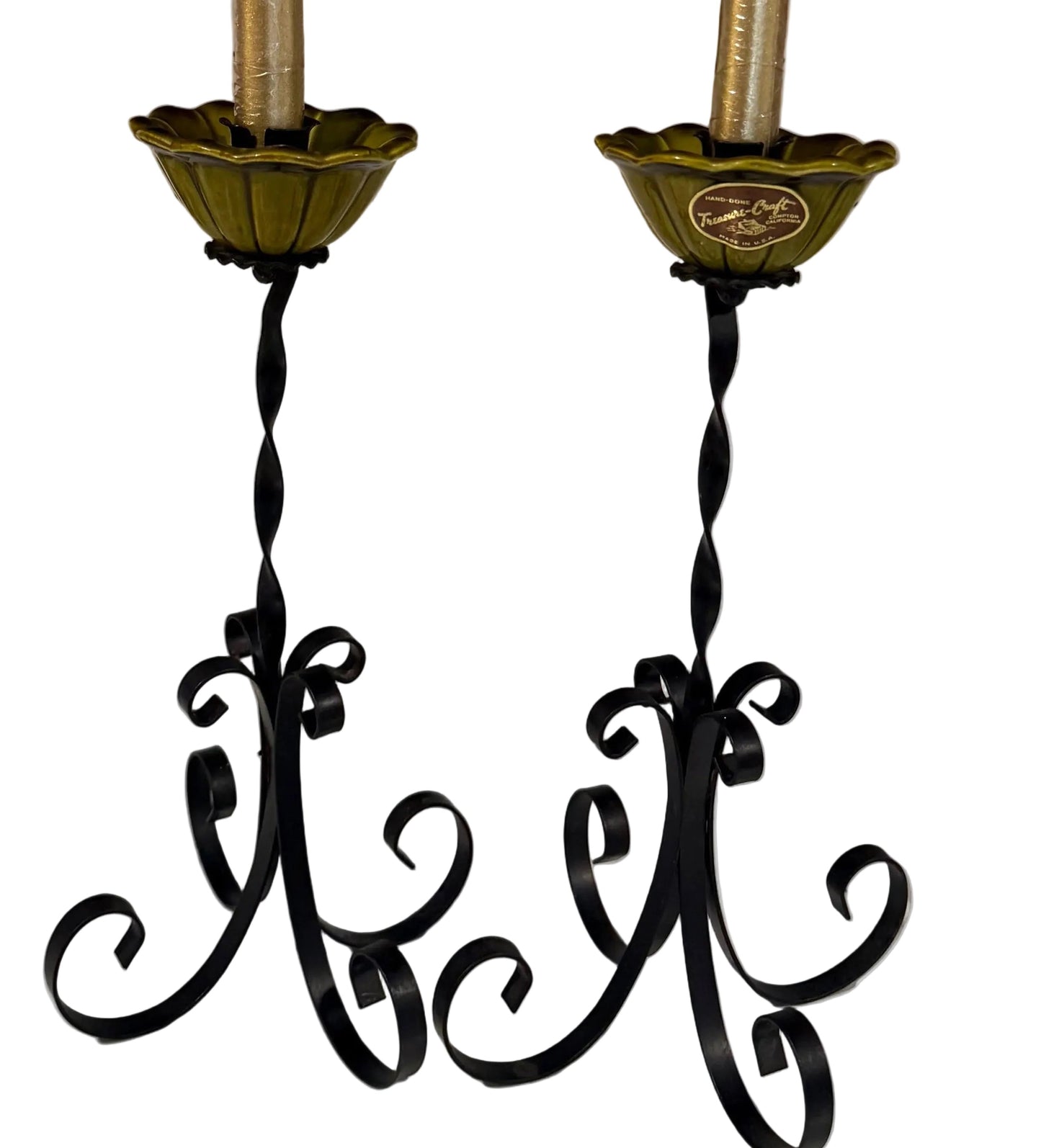 Set of Two Rare Treasure Craft Black Metal & Green Ceramic Candelabra