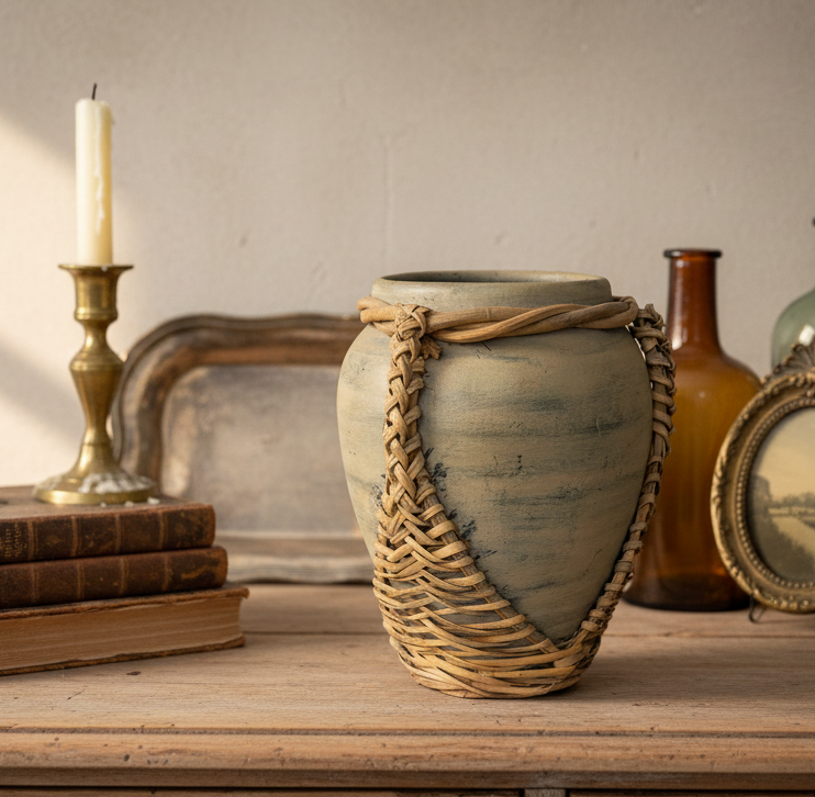 Rustic Pottery Vase with Woven Rattan Handle – Boho Farmhouse Decor