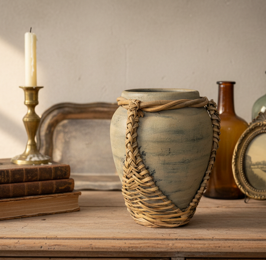 Rustic Pottery Vase with Woven Rattan Handle – Boho Farmhouse Decor